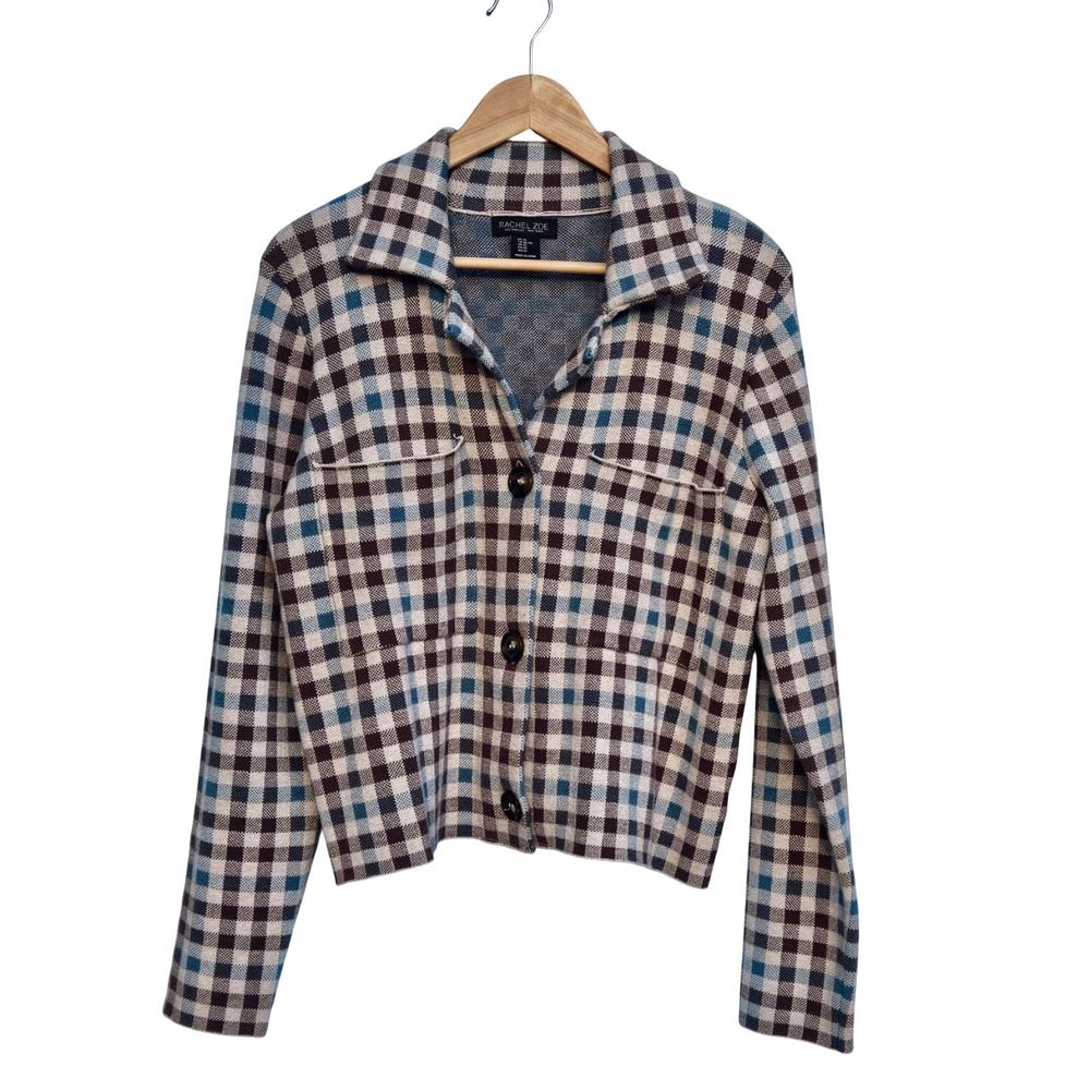Rachel Zoe Women's XL Cropped Knit Plaid Jacket Blazer Stretch Shacket Western
